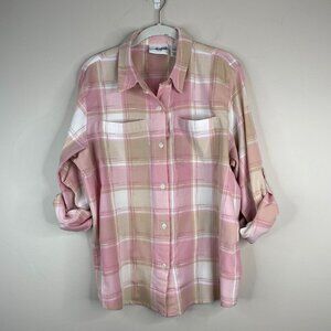 Vintage Camp Shirt Top Womens 14 Plaid Roll Tab Button Up Casual Layer Everyday